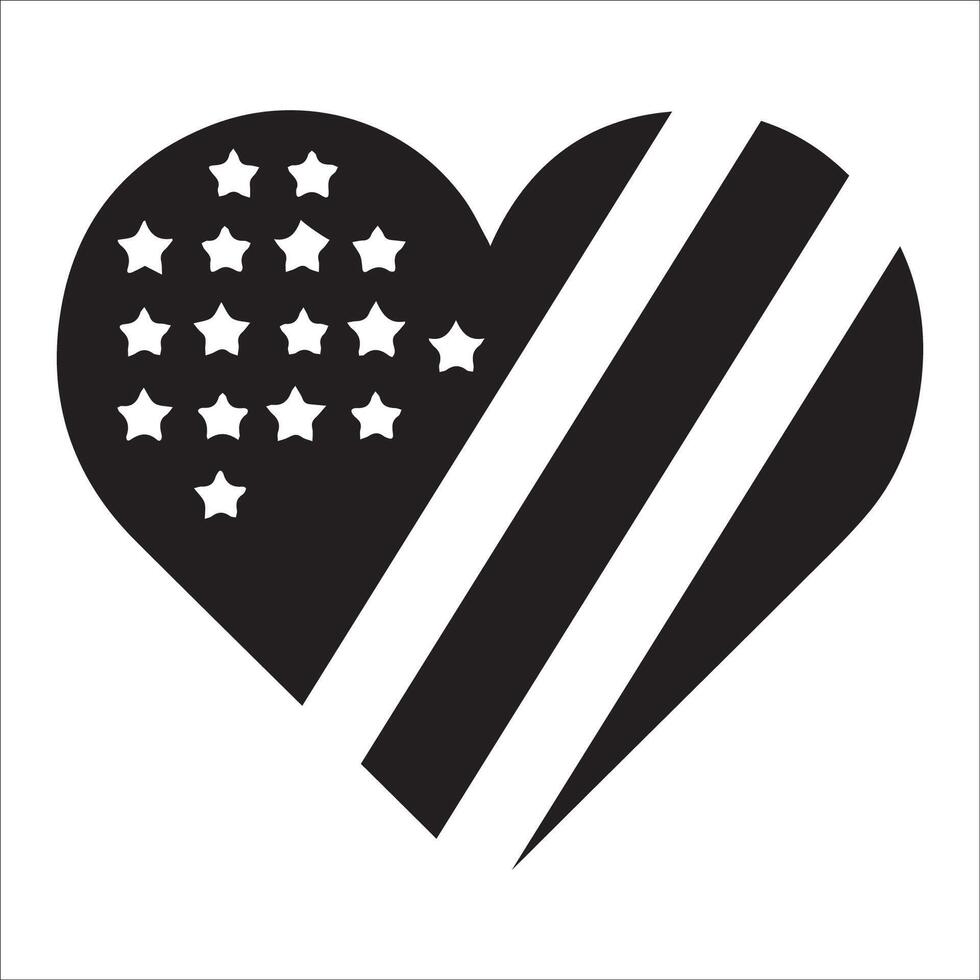american flag heart illustration in black and white vector