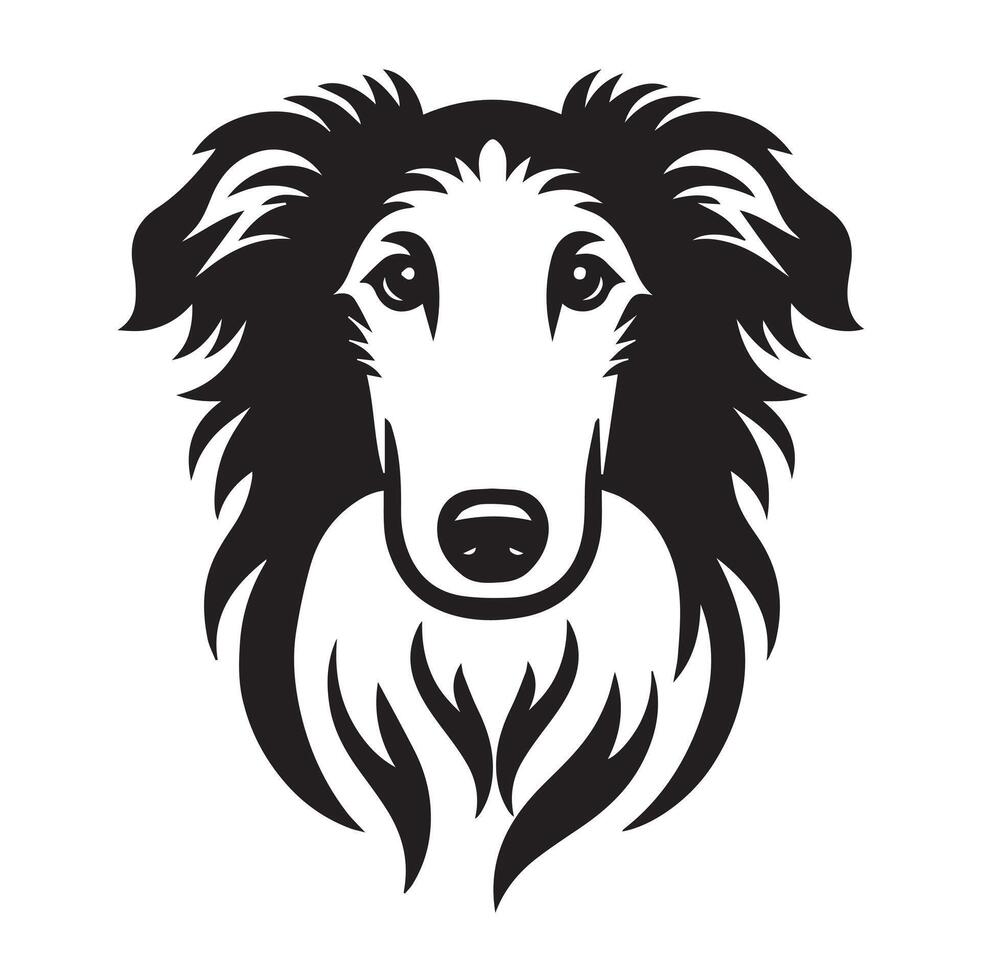 Curious Borzoi dog face illustration in black and white vector