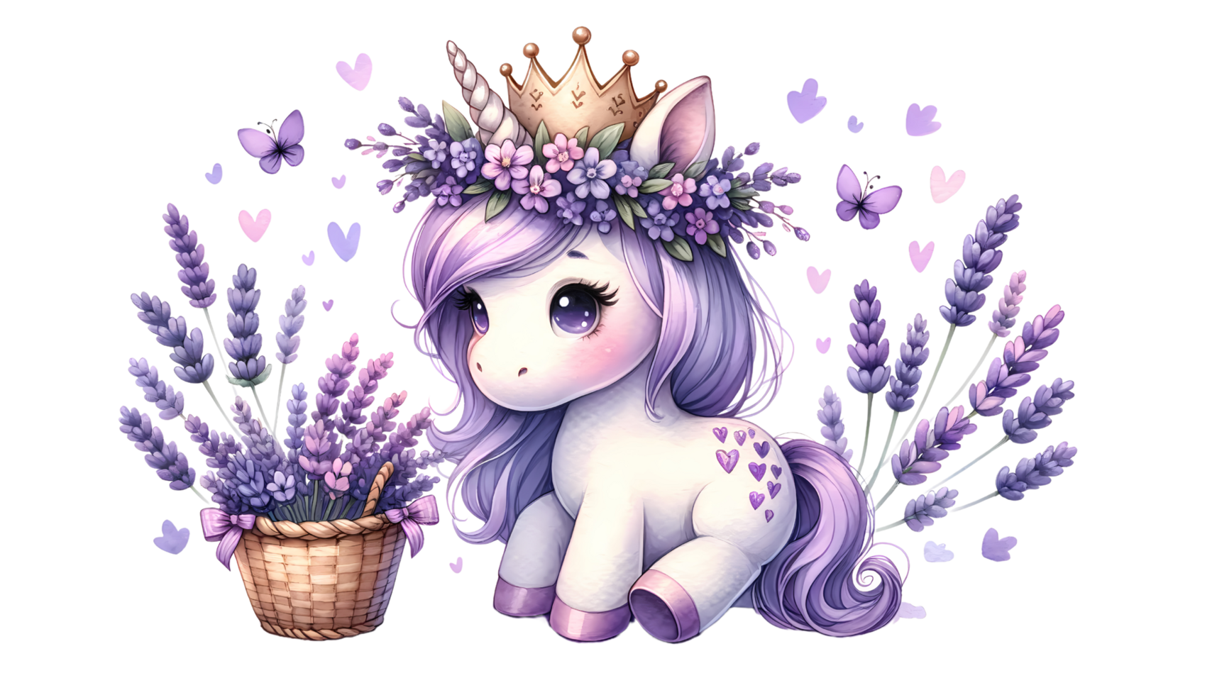 Cute purple unicorn with flower crown and golden crown surrounded by lavender flowers and hearts, illustration for kids. png