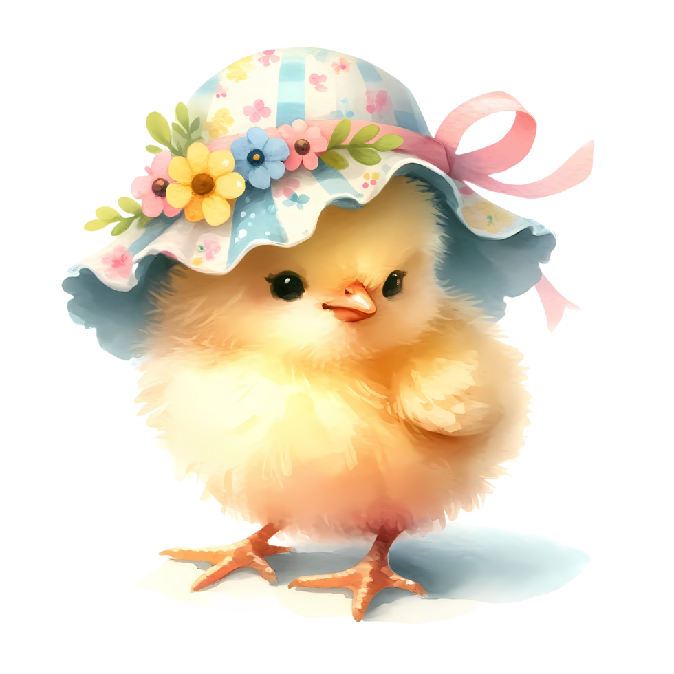 Adorable fluffy chick wearing a cute floral hat, standing on a soft surface. Perfect for spring or Easter-themed designs. png