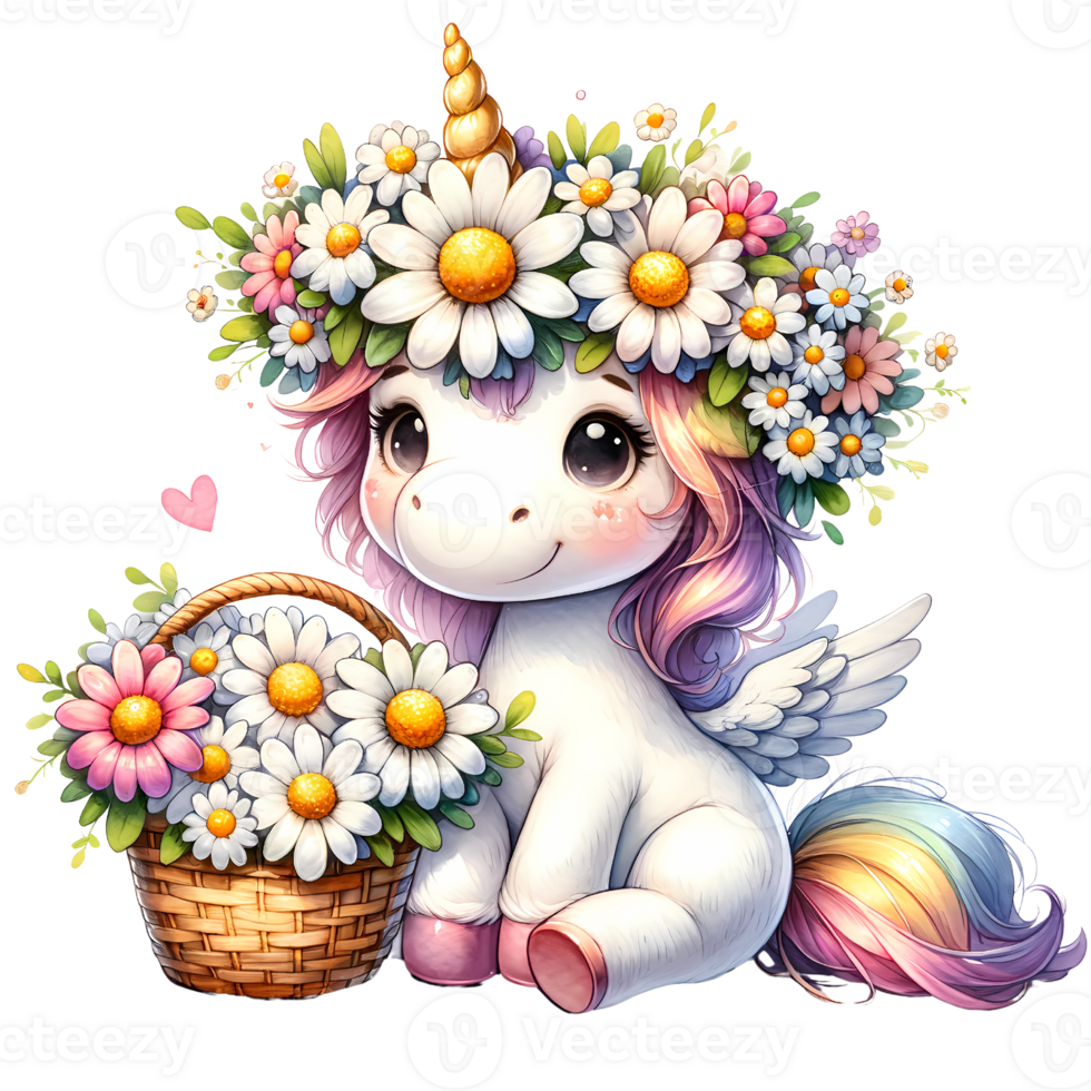 Adorable unicorns with floral crowns holding baskets of daisies, perfect for greeting cards, children's illustrations, and cute decor. png