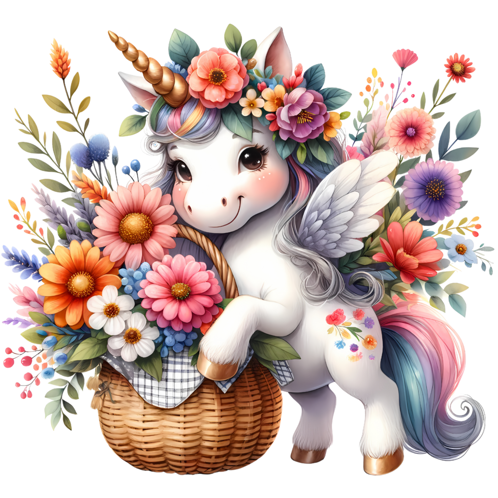 Whimsical unicorn holding a basket filled with vibrant flowers, surrounded by blooming flora. A magical and enchanting scene. png