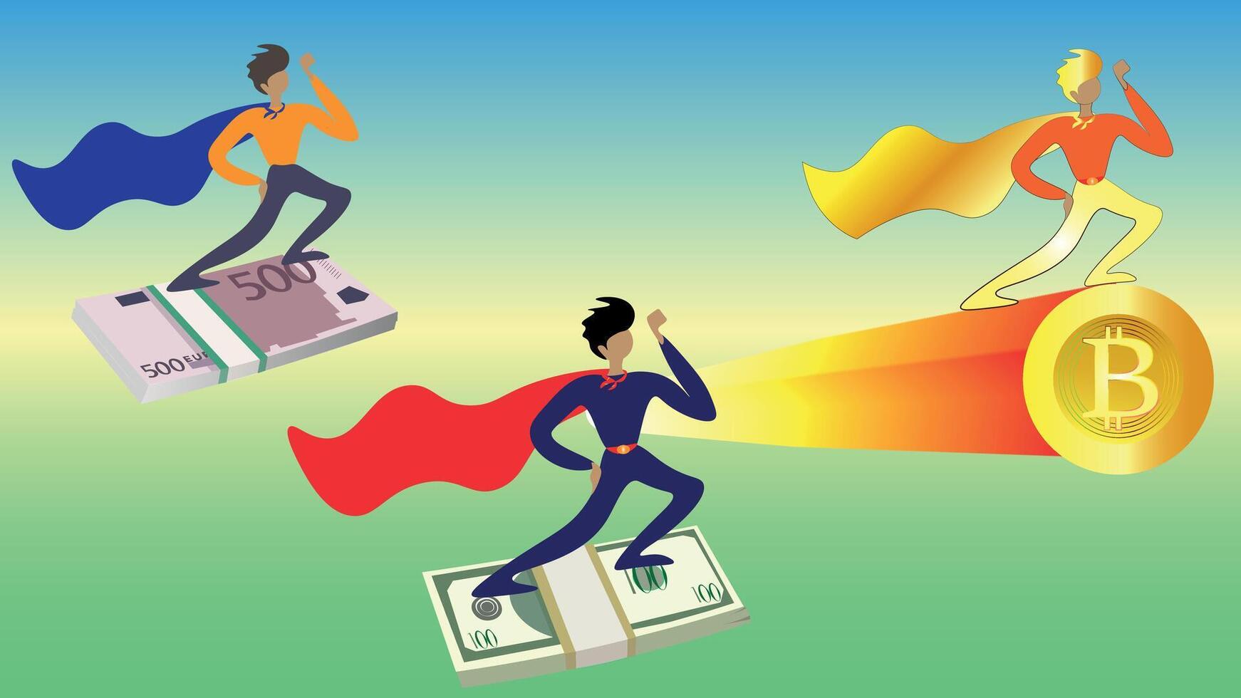 The economic race. Bitcoin is flying ahead of the dollar and the euro. vector