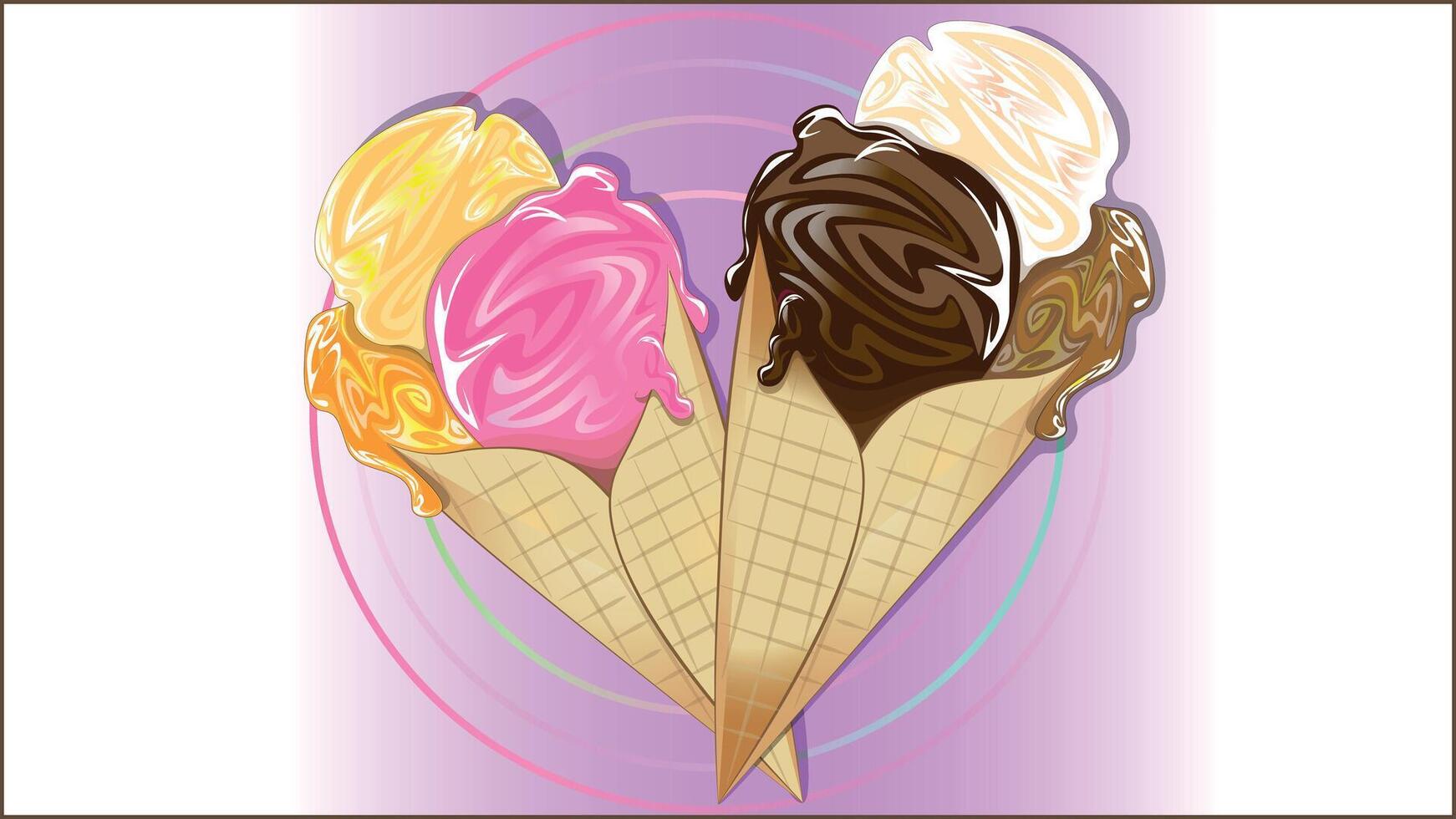 Ice cream cone. Delicious ice cream cone flavours of strawberry, caramel, orange, chocolate, pudding and vanilla. vector