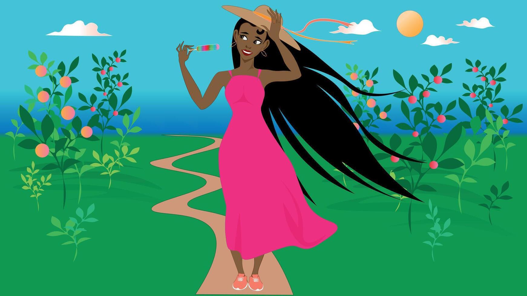 A beautiful girl with long hair in a dress and a straw hat is eating ice cream in the countryside in a summer garden of ripe peaches vector
