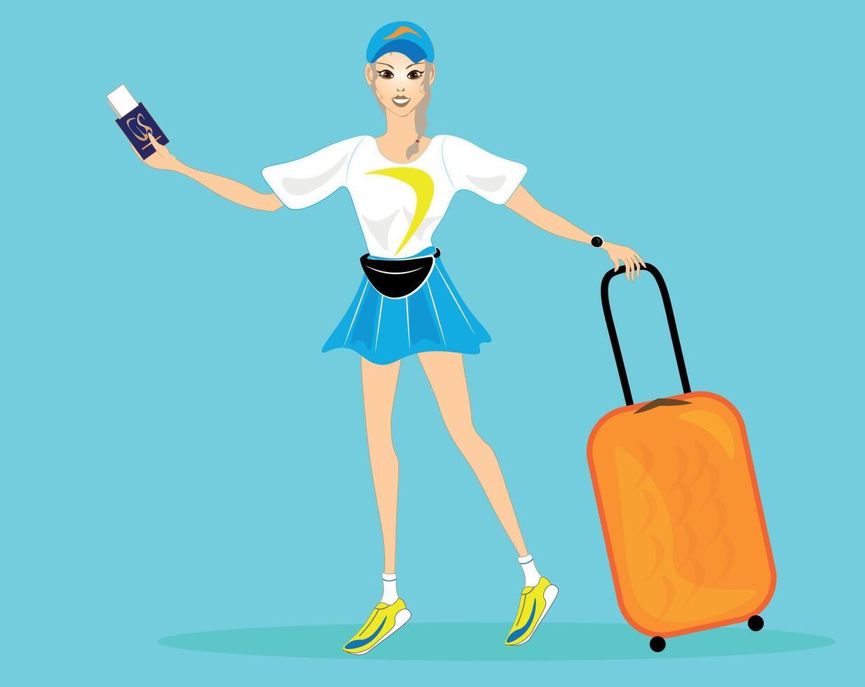 charming Lady going to travel. Smiling Lady in sportswear holds a passport with plane tickets in her hand. Her suitcase is full of necessary things. vector