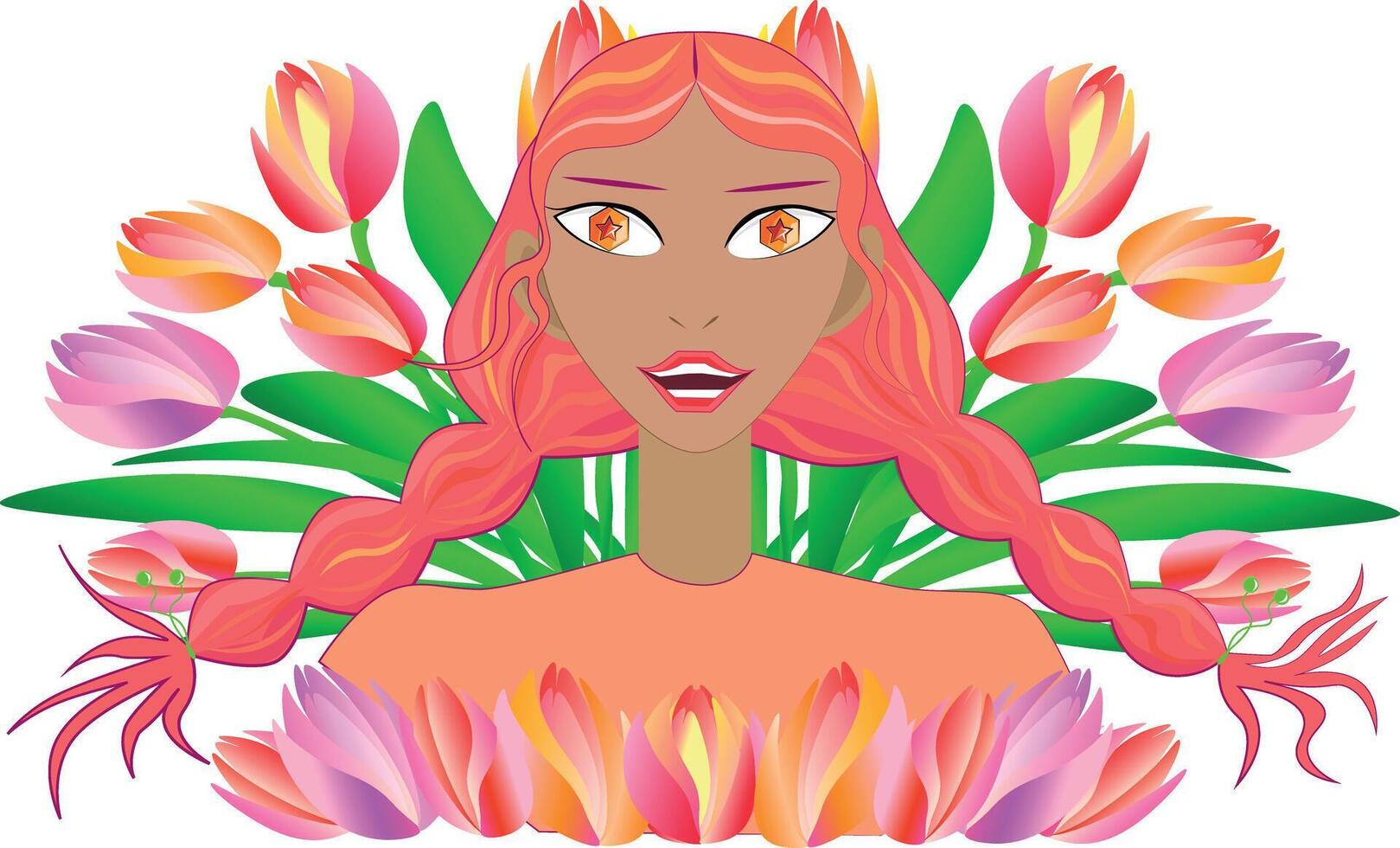 Spring Lady Tulips. Art portrait of beautiful smiling spring Lady of tulips. Nature of flowers. vector