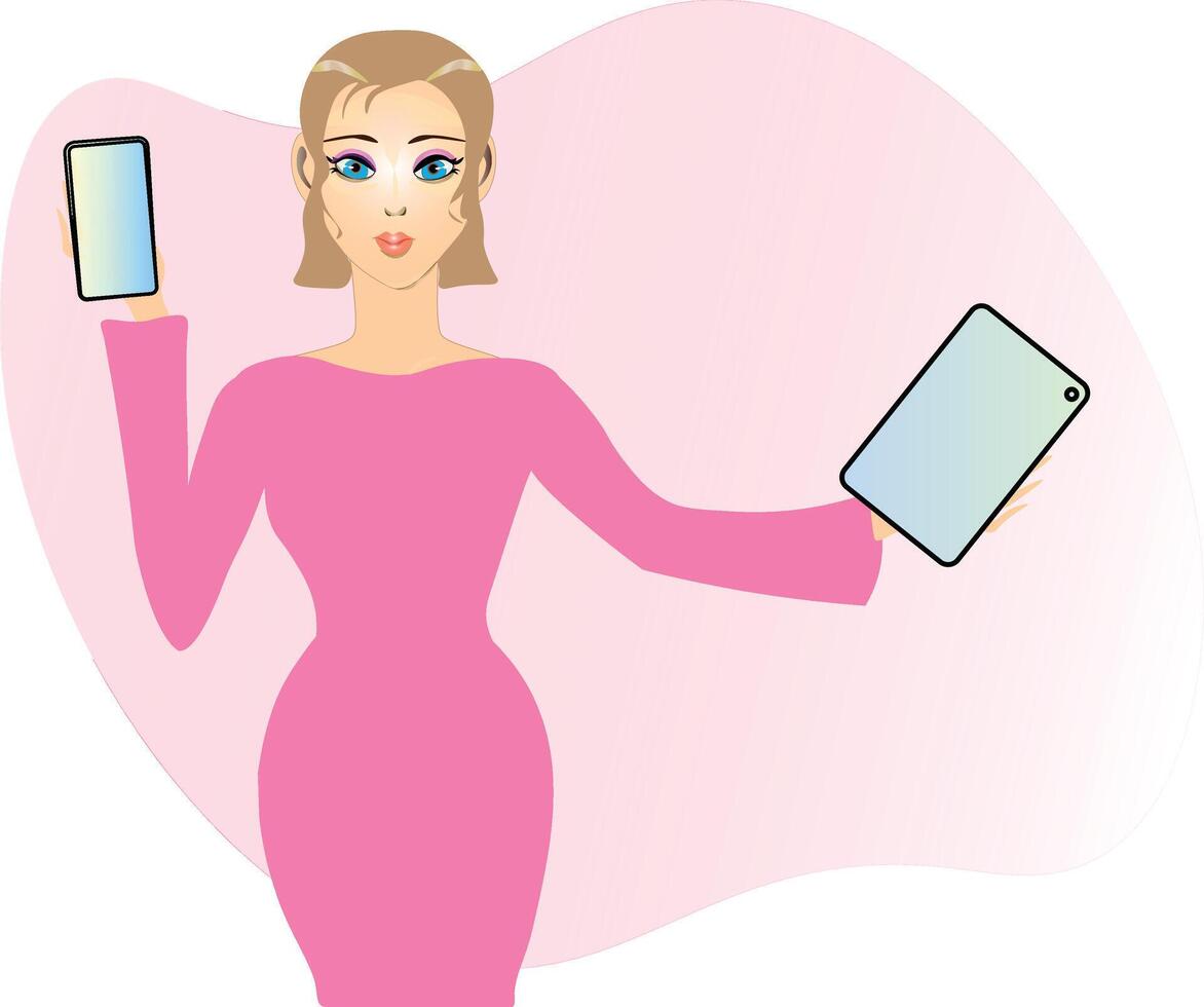 Charming Lady with the phone and tablet. Social networks, Internet work social media, office work vector