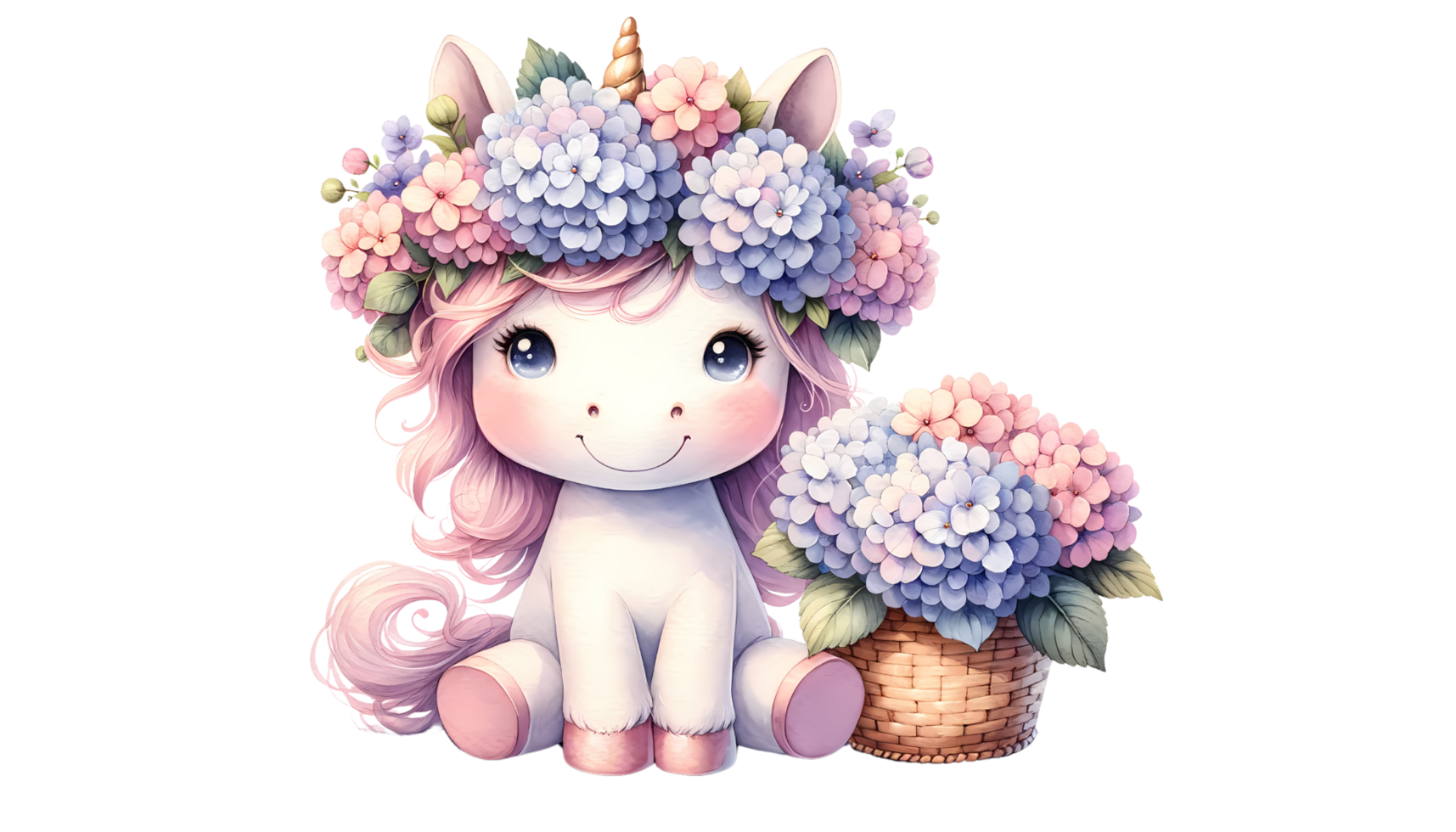 Adorable unicorn with a floral crown sitting beside a basket of flowers, perfect for whimsical and magical themes. png