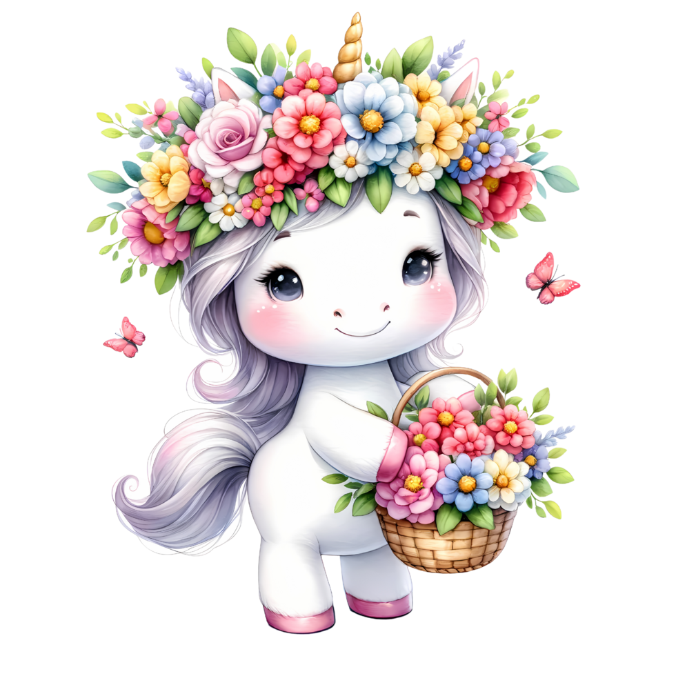 Adorable unicorn wearing a floral crown with a basket of colorful flowers, surrounded by butterflies. Perfect for children's illustrations. png