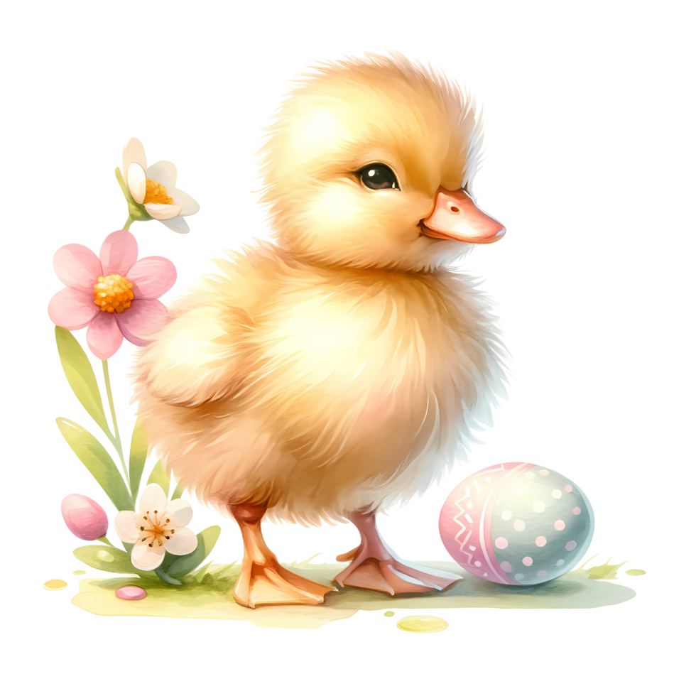 Adorable baby duckling with spring flowers and decorated egg, symbolizing Easter and new beginnings png
