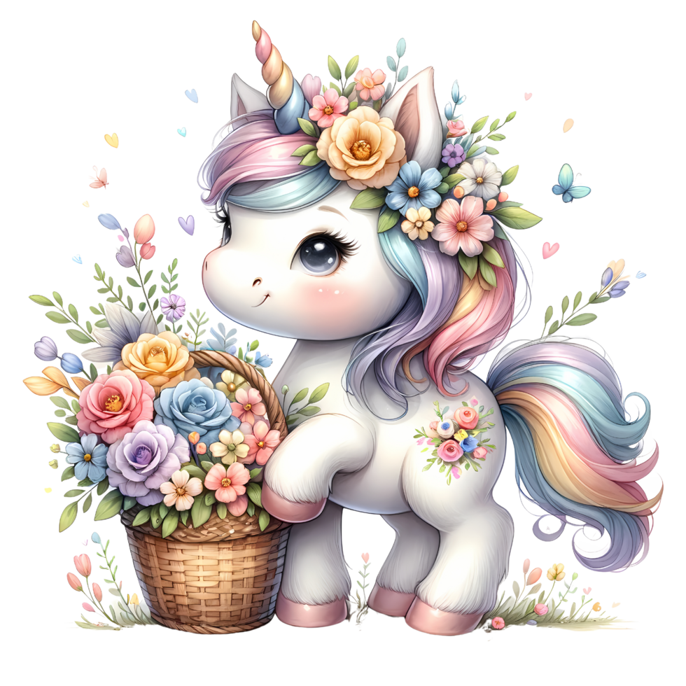Adorable unicorn with floral crown and basket of flowers. Perfect for children's illustrations and fantasy-themed artwork. png
