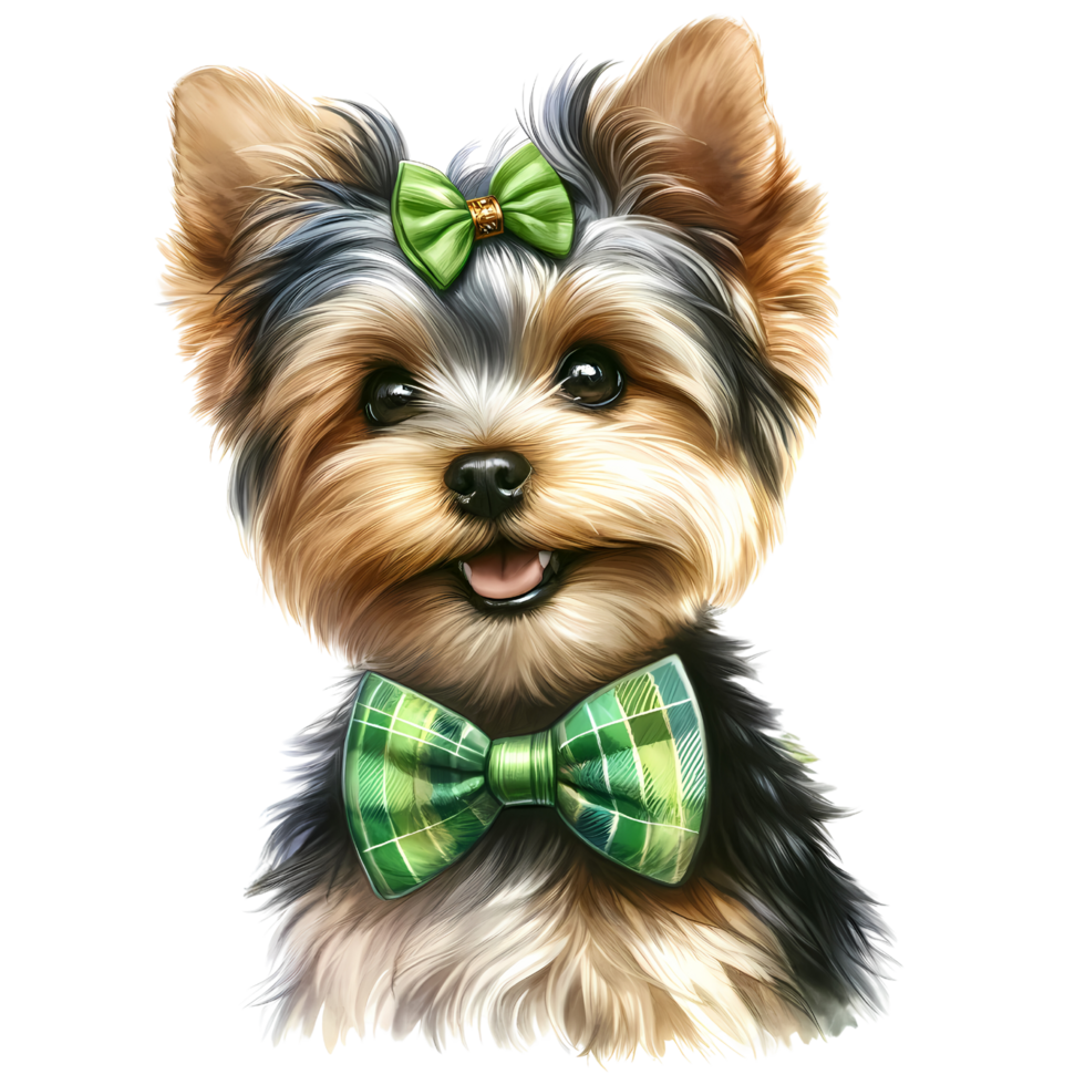 Adorable Yorkshire Terrier with green bows, smiling and looking cute. Ideal image for pet lovers, dog-themed projects, or greeting cards. png