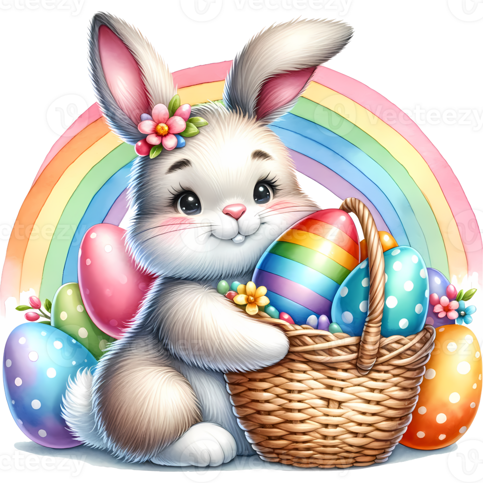 Adorable bunny holding colorful Easter egg with basket of eggs, perfect for springtime and holiday celebrations. png