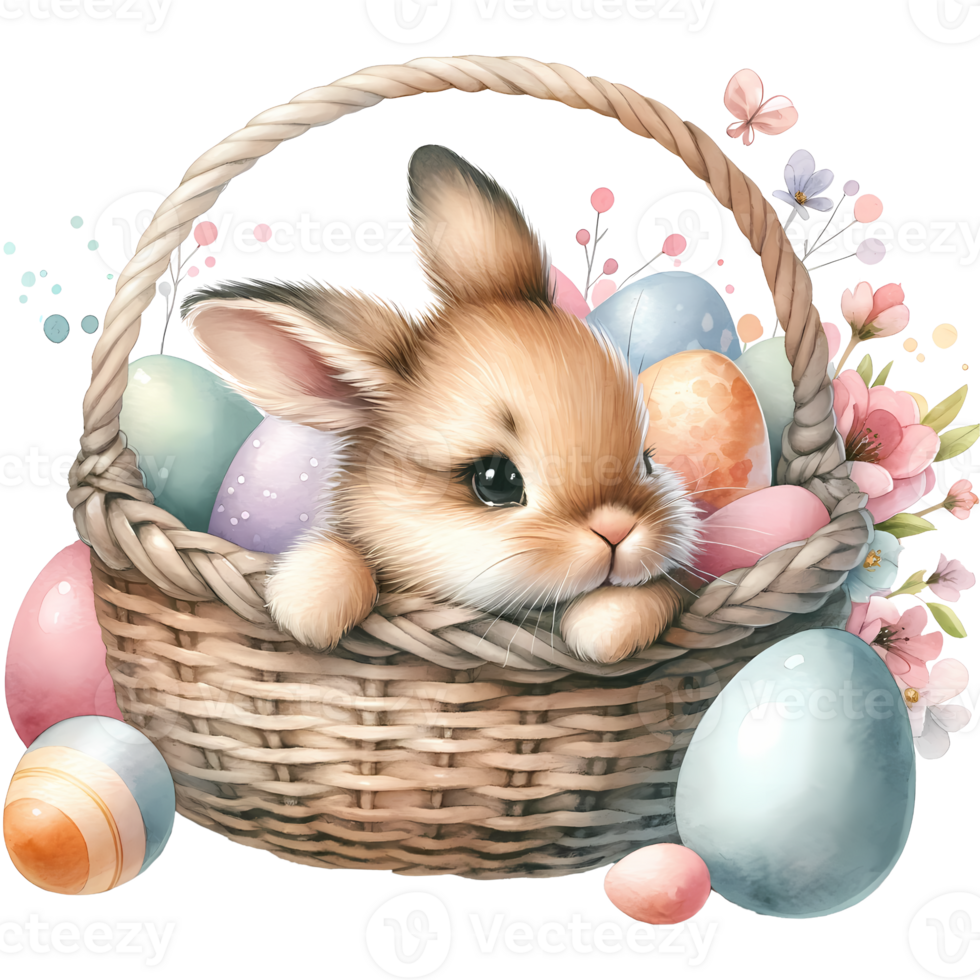 Adorable bunny in a wicker basket with colorful Easter eggs and flowers, perfect for spring and Easter-themed designs. png