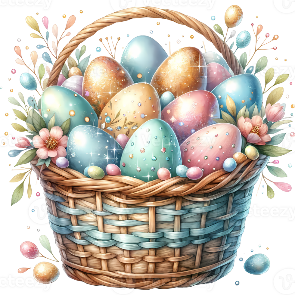 Beautiful wicker basket filled with colorful decorated Easter eggs and flowers, perfect for festive celebration and holiday decor. png