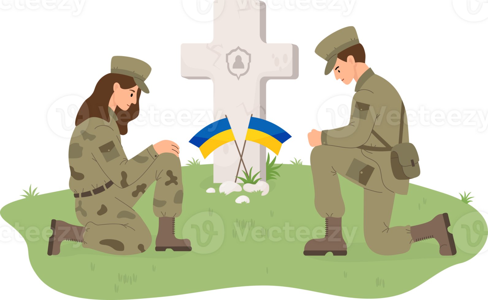 Military soldiers woman and man in front of grave cross with Ukrainian flags png