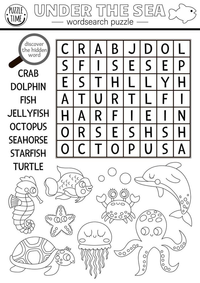 black and white under the sea word search puzzle for kids. Simple easy line ocean life word search quiz. Water animals and fish educational activity, coloring page with octopus, crab vector