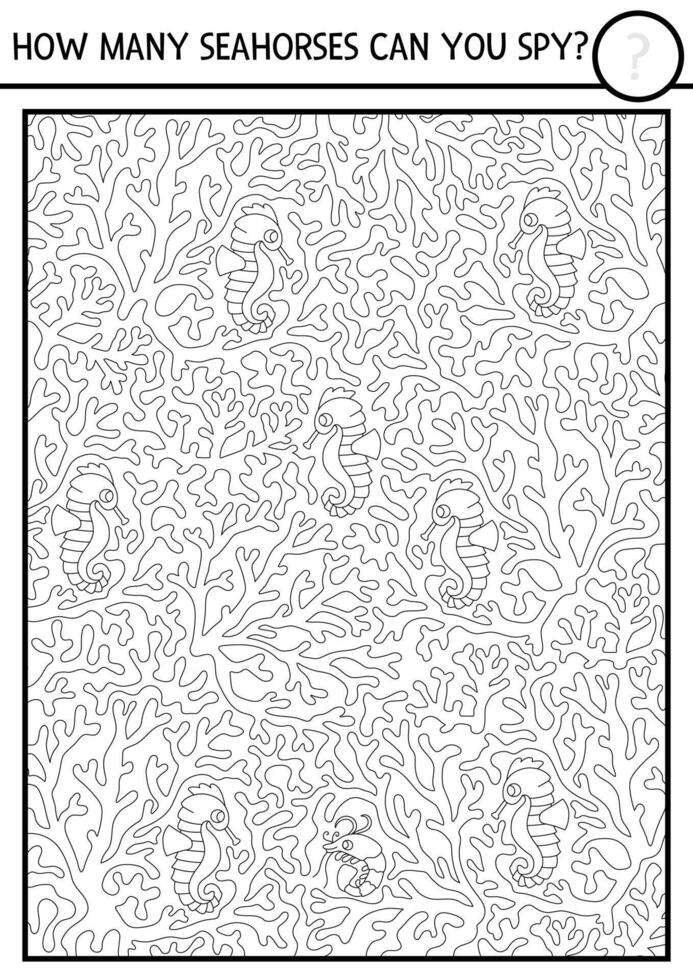 black and white under the sea searching game with seahorse hiding in corals. Spot hidden water animal. Simple ocean life seek and find printable activity, coloring page. Visual attention quiz vector