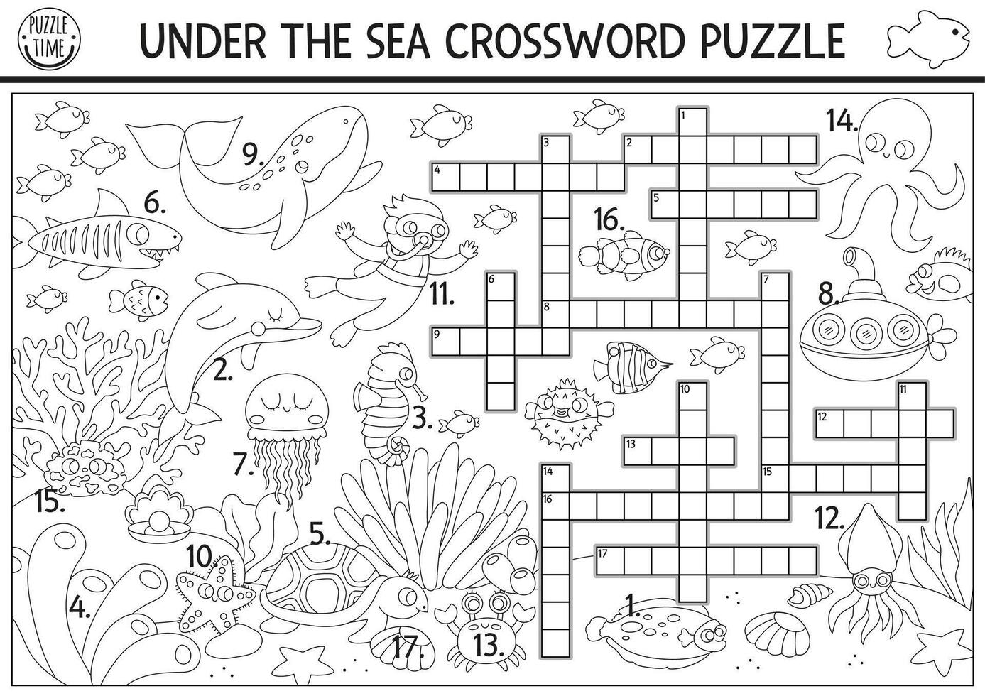 black and white under the sea crossword puzzle for kids Simple ocean