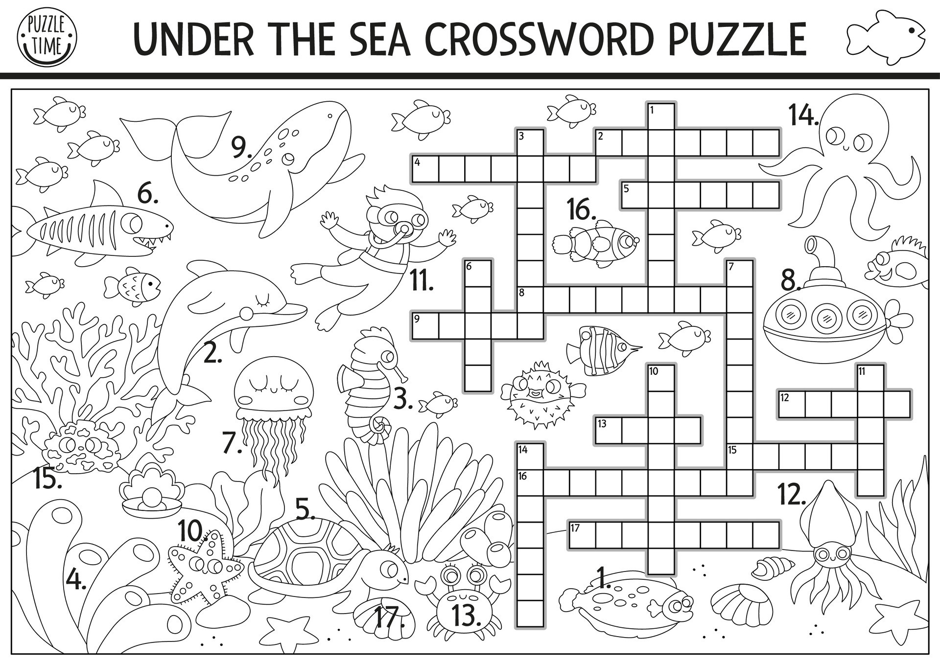 black and white under the sea crossword puzzle for kids Simple ocean