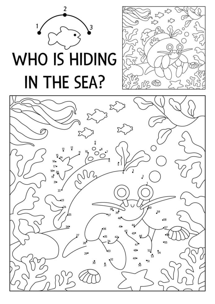 dot-to-dot and color activity with cute hermit crab hidden in landscape. Under the sea connect the dots game for children with funny water animal. Ocean life coloring page for kids vector