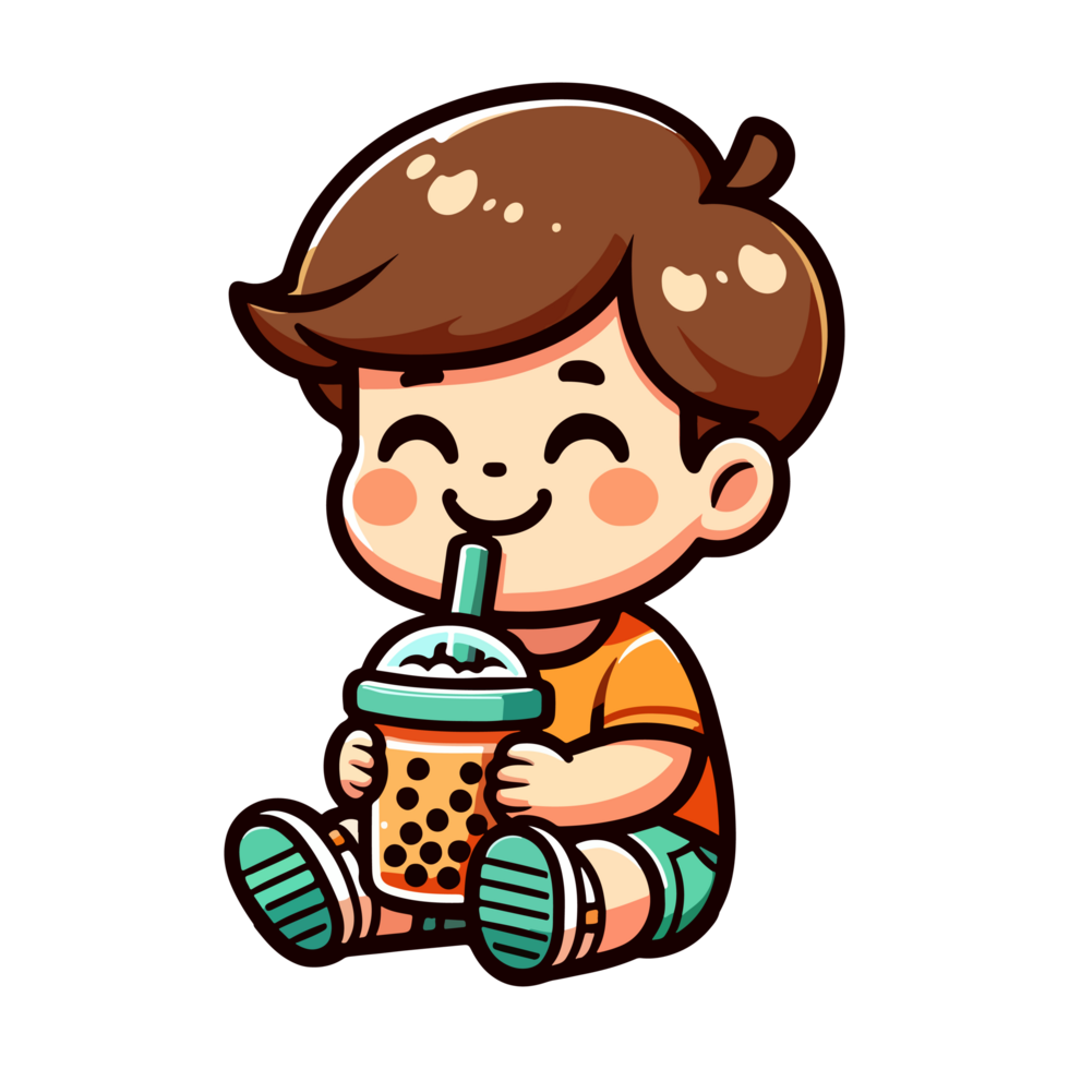 cute boy drink boba cartoon icon character png