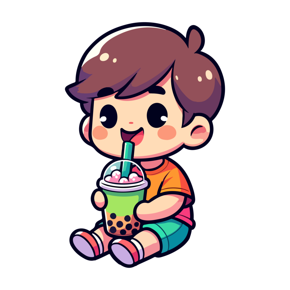 cute boy drink boba cartoon icon character png
