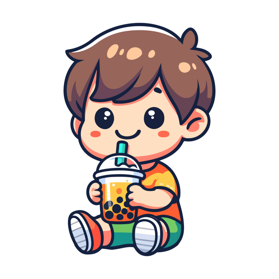cute boy drink boba cartoon icon character png