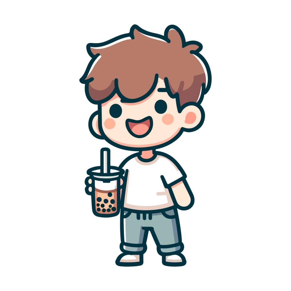 cute boy drinking boba icon character png