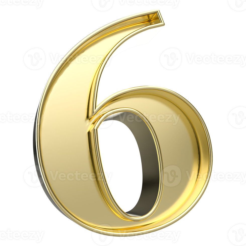 Number 6 Gold 3D Render png
