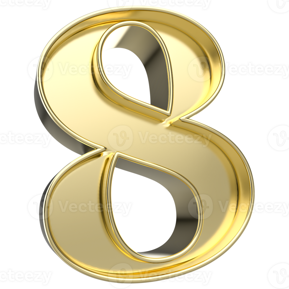 Number 8 Gold 3D Render png