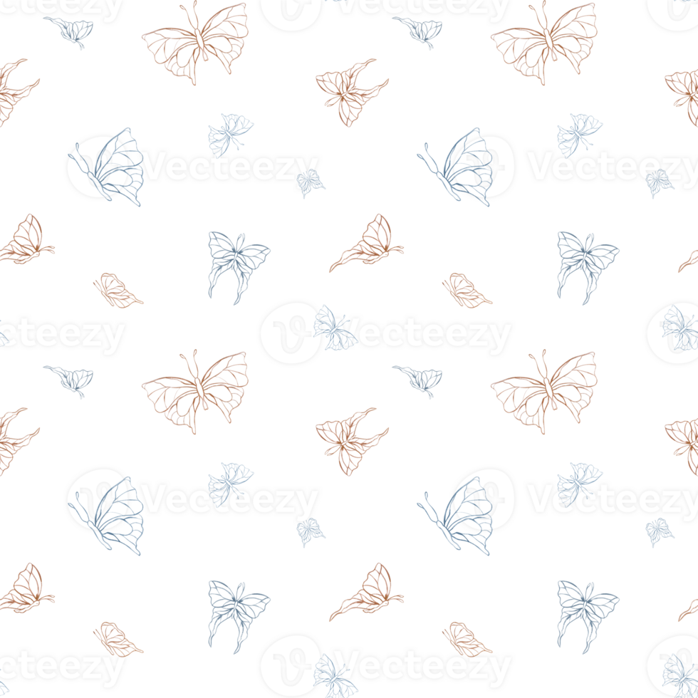 Golden and silver doodle butterflies. Seamless pattern of abstract tropical insects. Line art, flat. Hand drawn watercolor illustration. Flying shiny butterfly, levitation. For wedding design png
