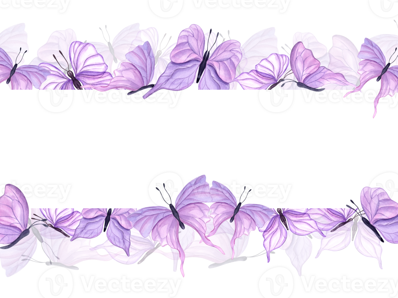 Fluttering pink butterflies of various shapes. Horizontal frame of abstract watercolor tropical insects. Hand drawn illustration for wedding invitation, greetings. Copy space for text. png