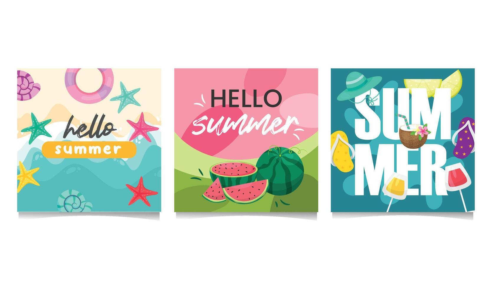 Summer social media post set illustration, hello summer, poster, summer background vector