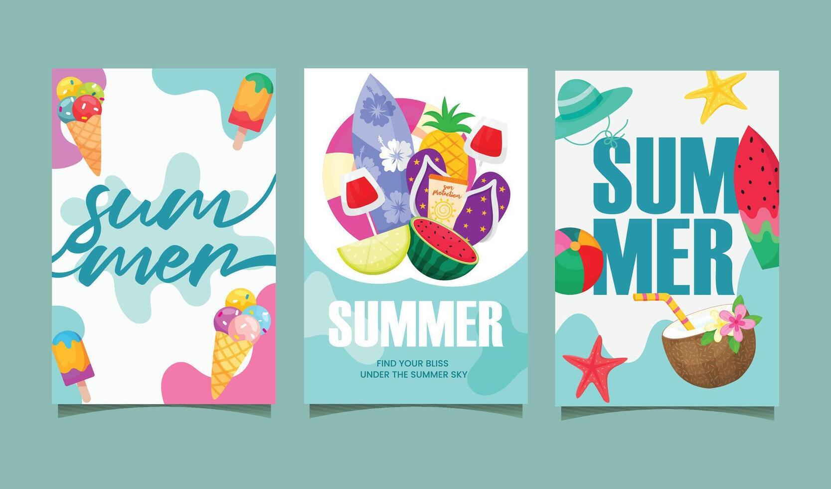 Summer social media post set illustration, hello summer, poster, summer background vector