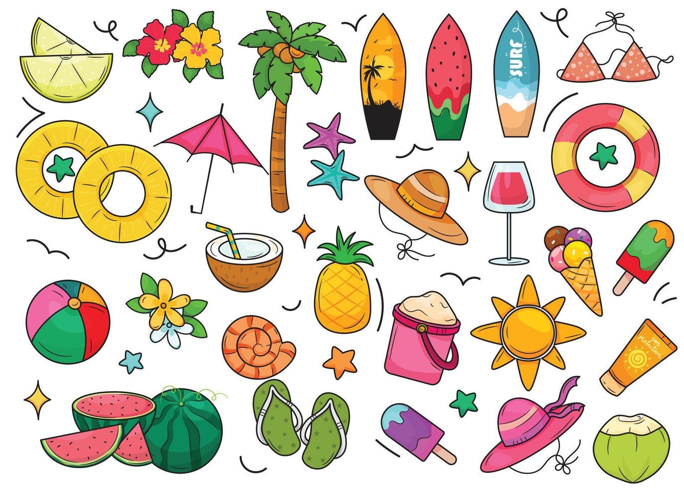 Summer social media post set illustration, hello summer, poster, summer background vector