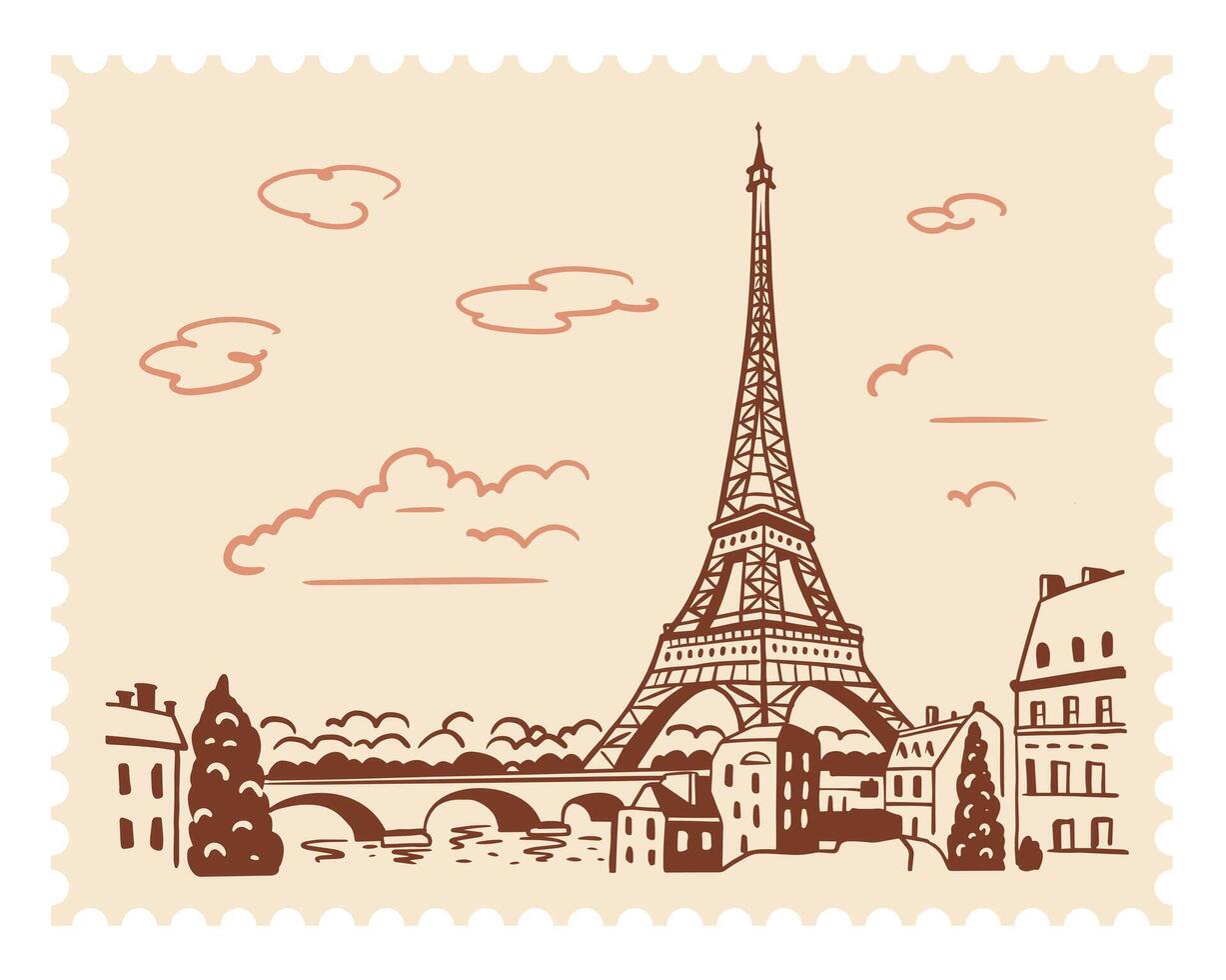 The Eiffel Tower in Paris with a postage stamp in the background of the city. Landmark of Paris. Linear illustration. Doodle style vector