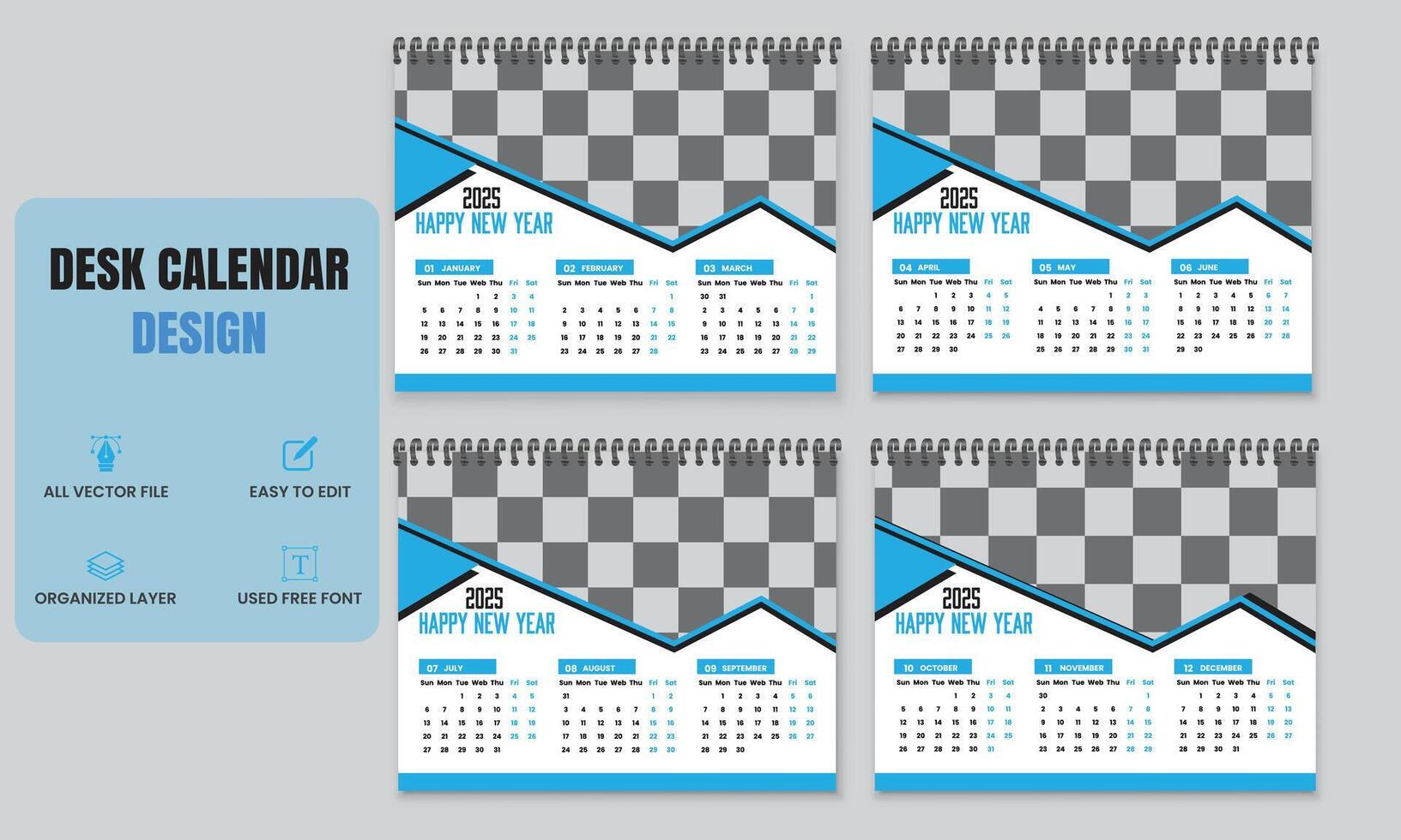 Desk calendar design 2025 with blue shape vector