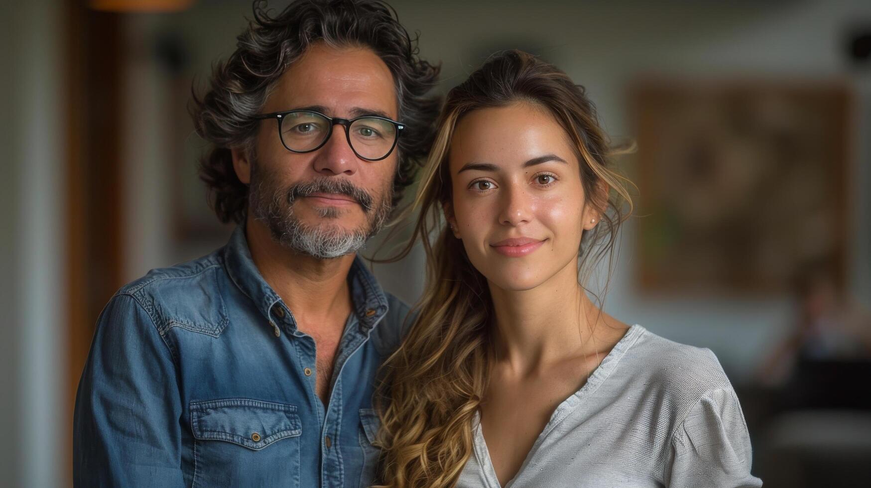 Young Couple Wearing Sunglasses and Smiling in Front of Colorful Wall photo