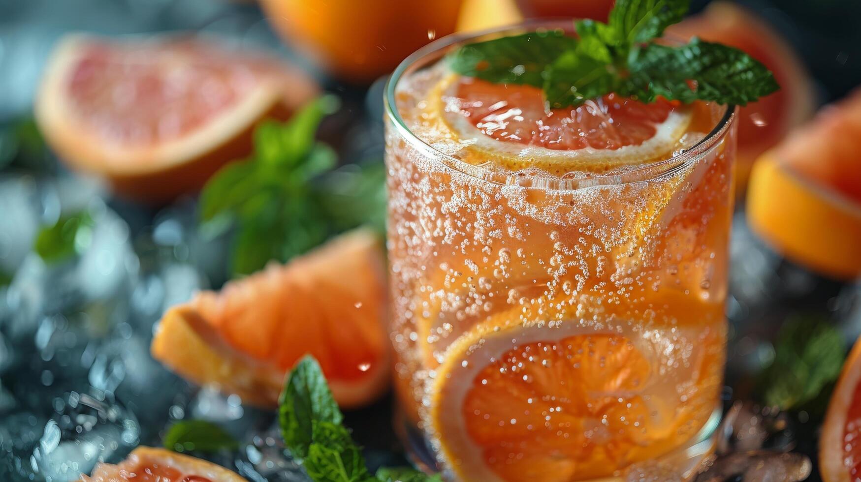 Refreshing Grapefruit Mint Cocktail With Ice on Black Slate photo