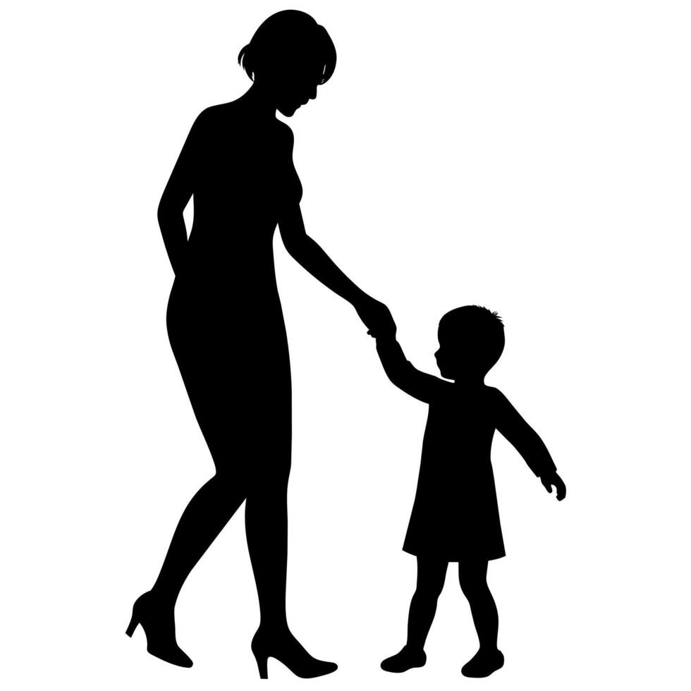 young mother she want to learn her child how to walk first step silhouette vector