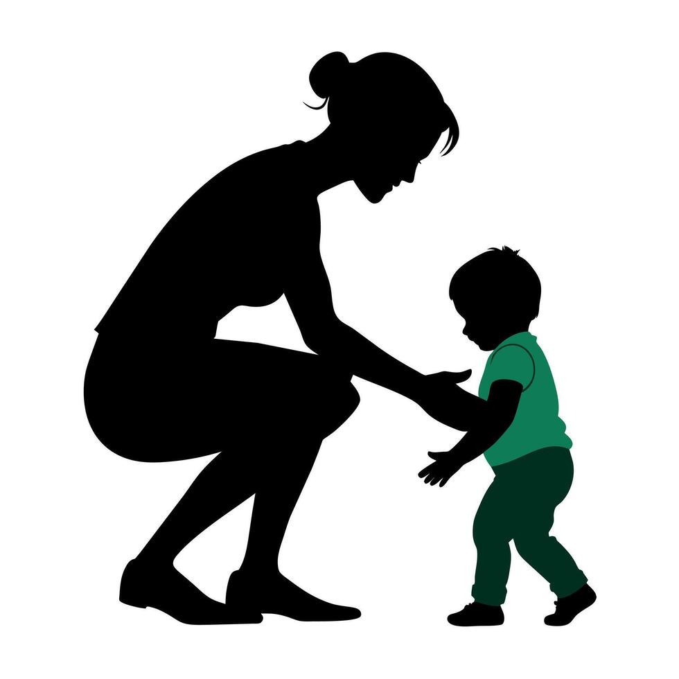 young mother she want to learn her child how to walk first step silhouette vector