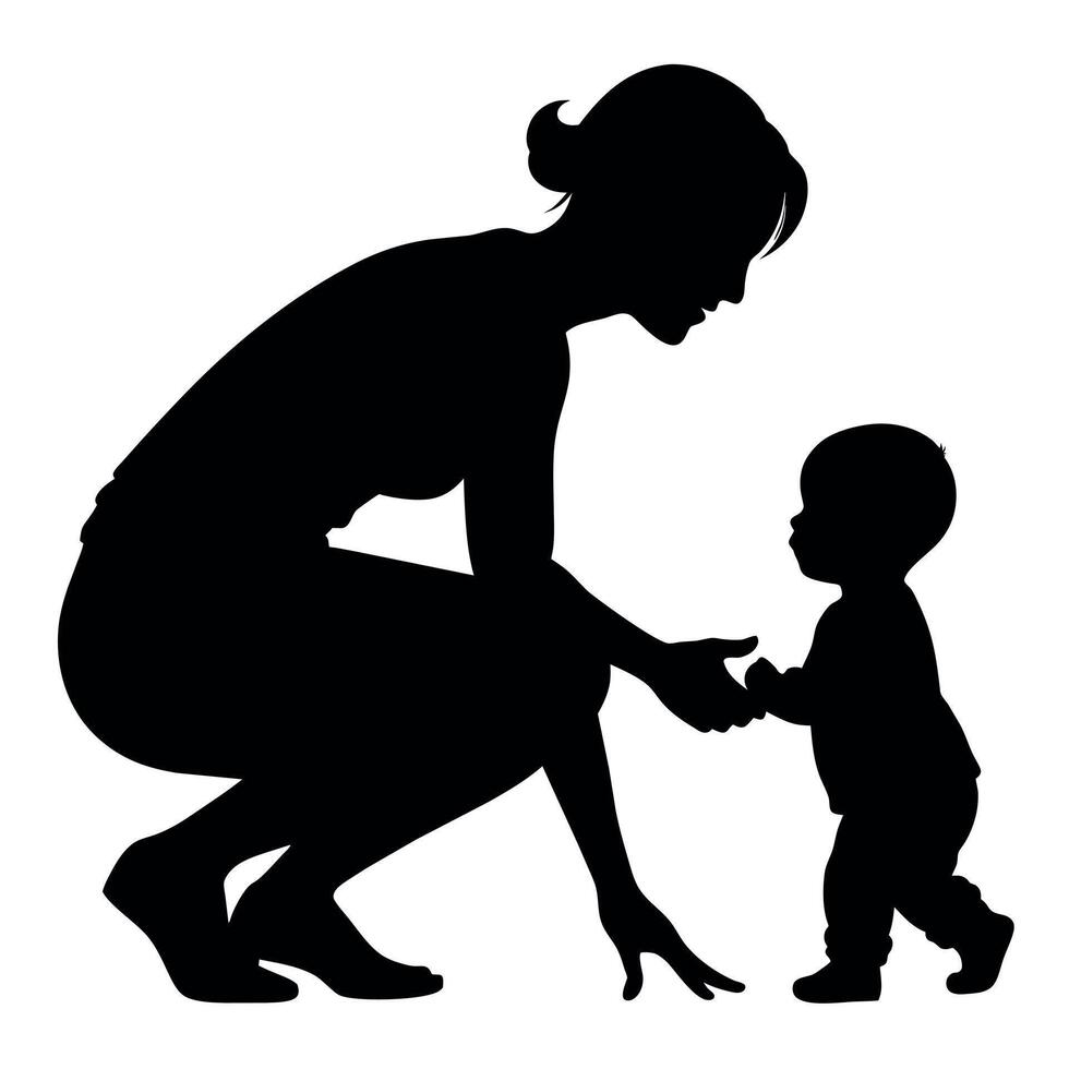 young mother she want to learn her child how to walk first step silhouette vector