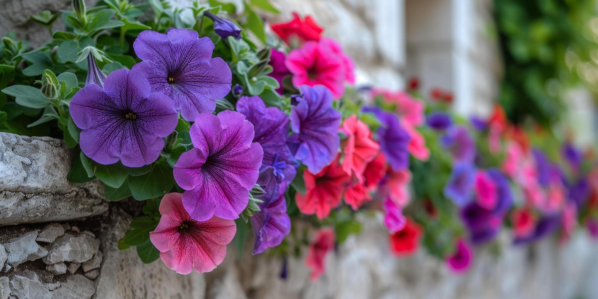 Colorful Petunia Flowers Blooming on a Stone Wall photo