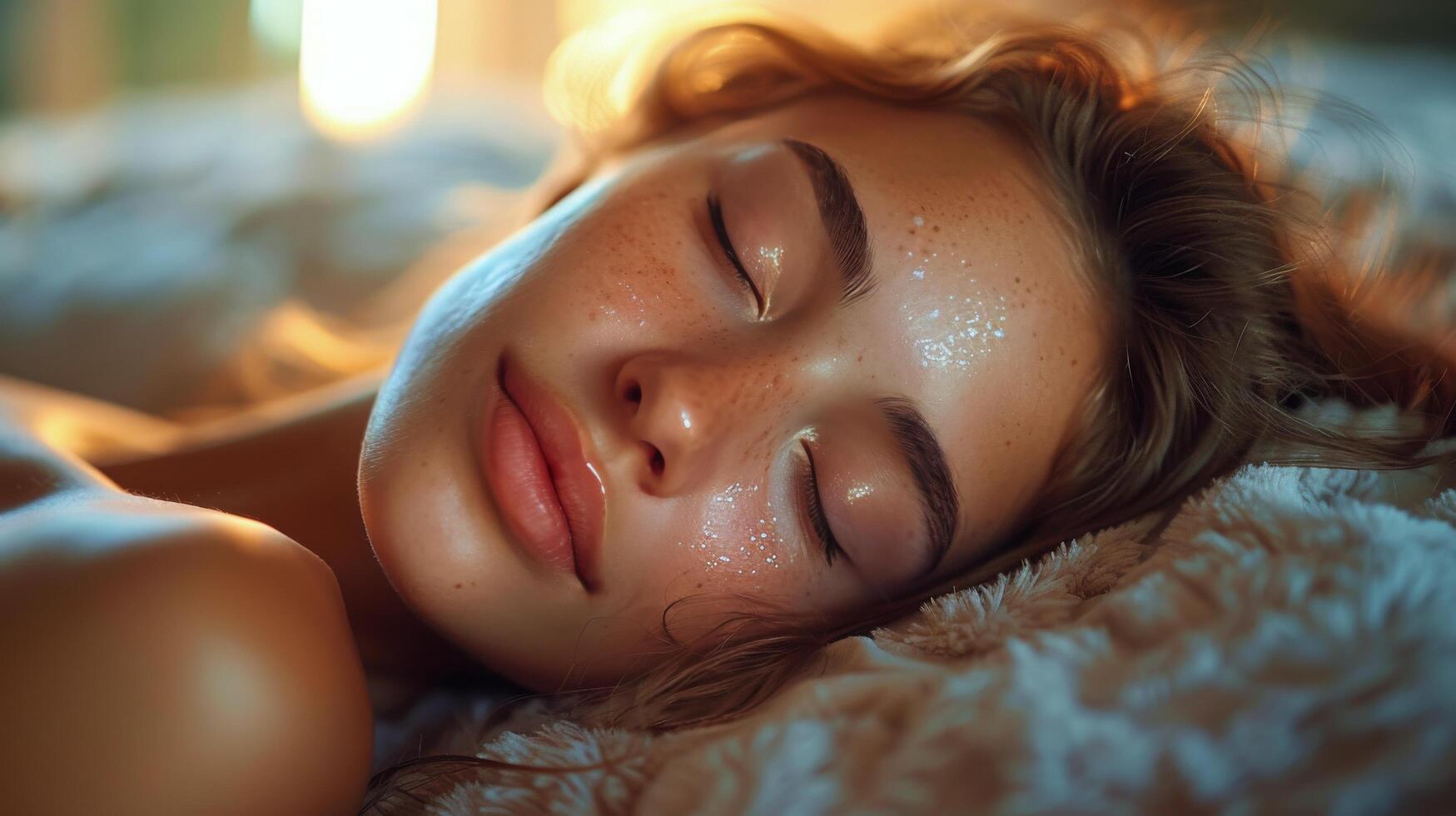 Woman With Freckles Sleeping In Bed photo