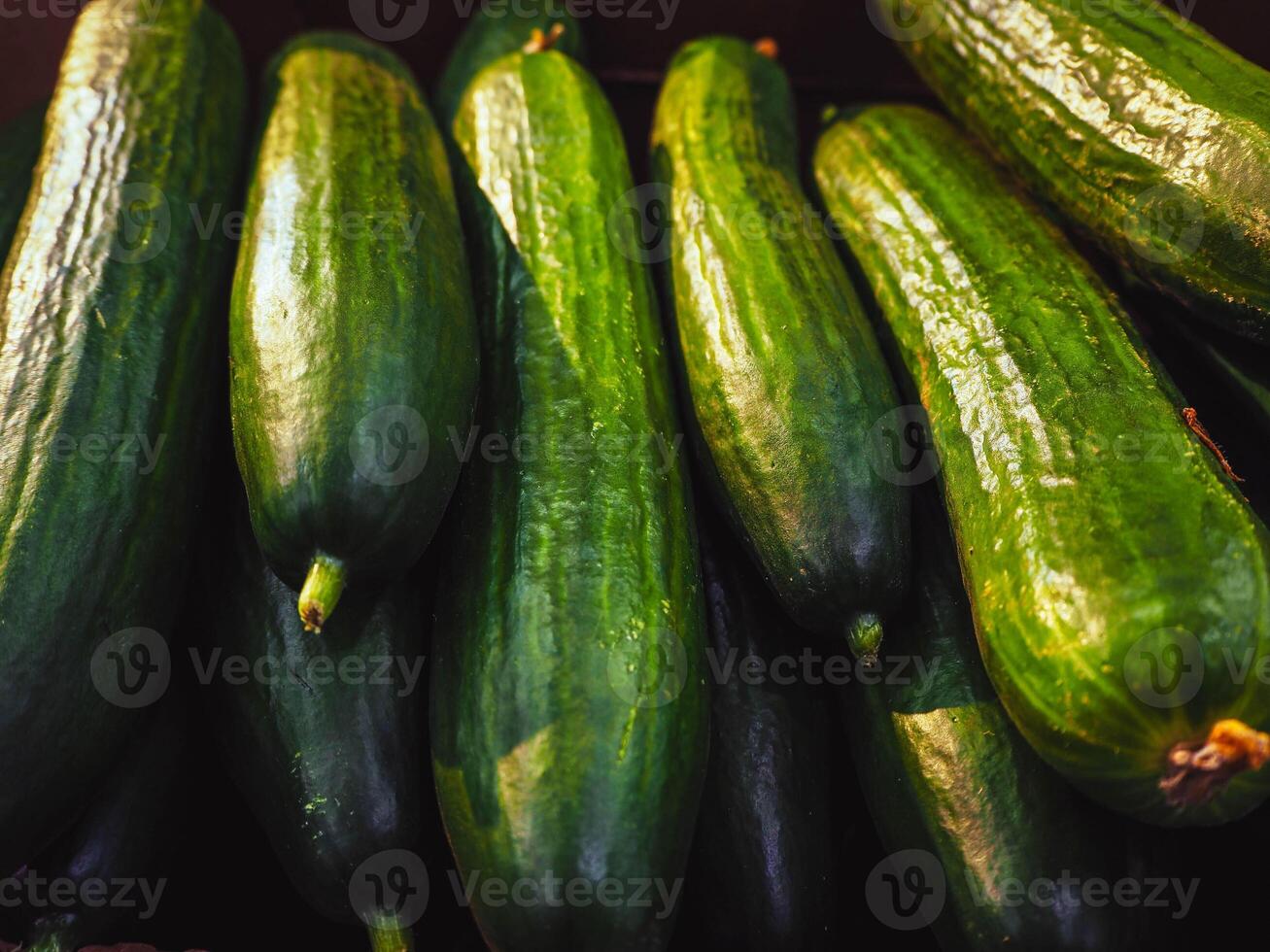 Long cucumbers in supermarket, greenhouse cucumbers, long cucumbers, vegetables harvest, food background photo