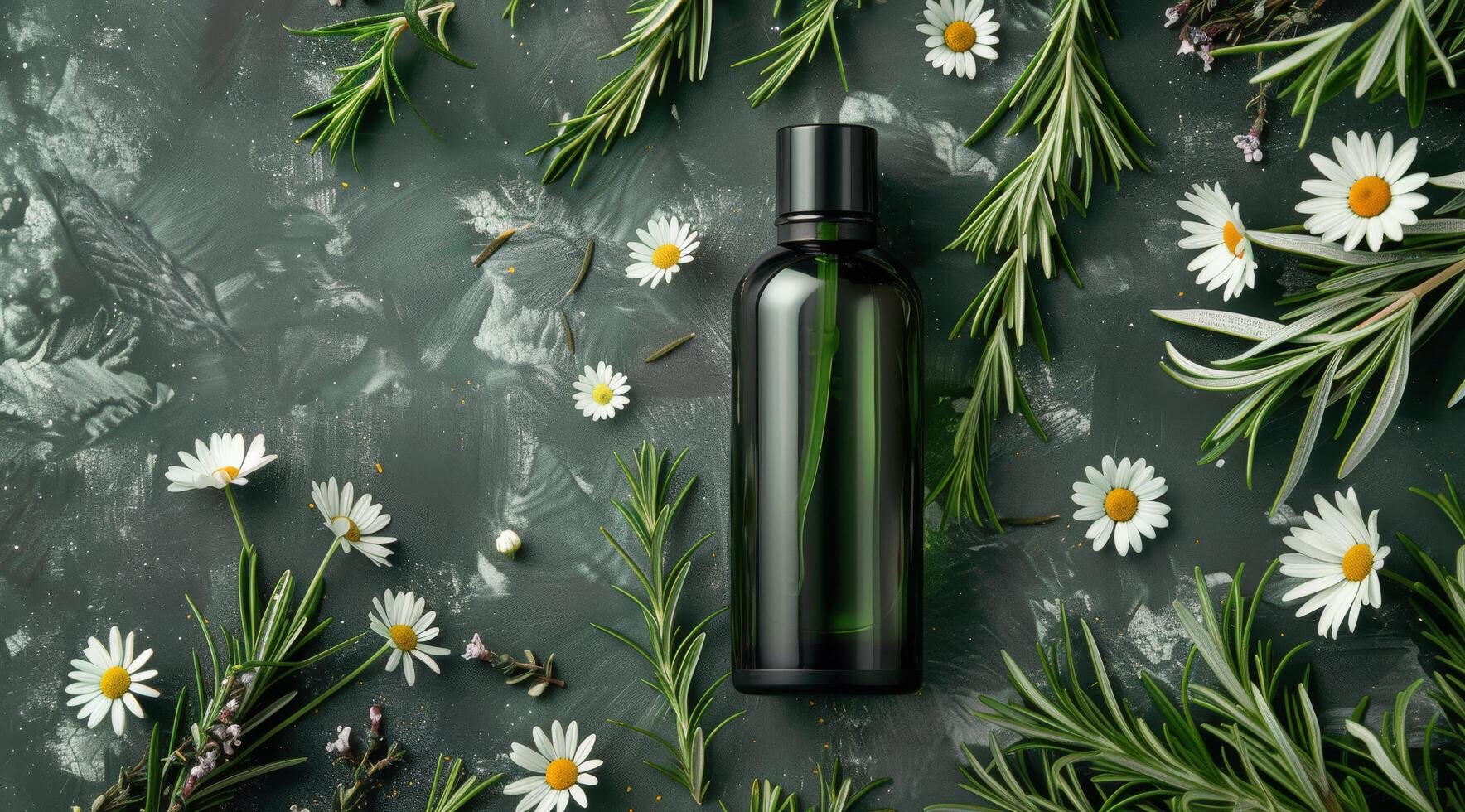 Bottle of Water Surrounded by Flowers and Herbs photo