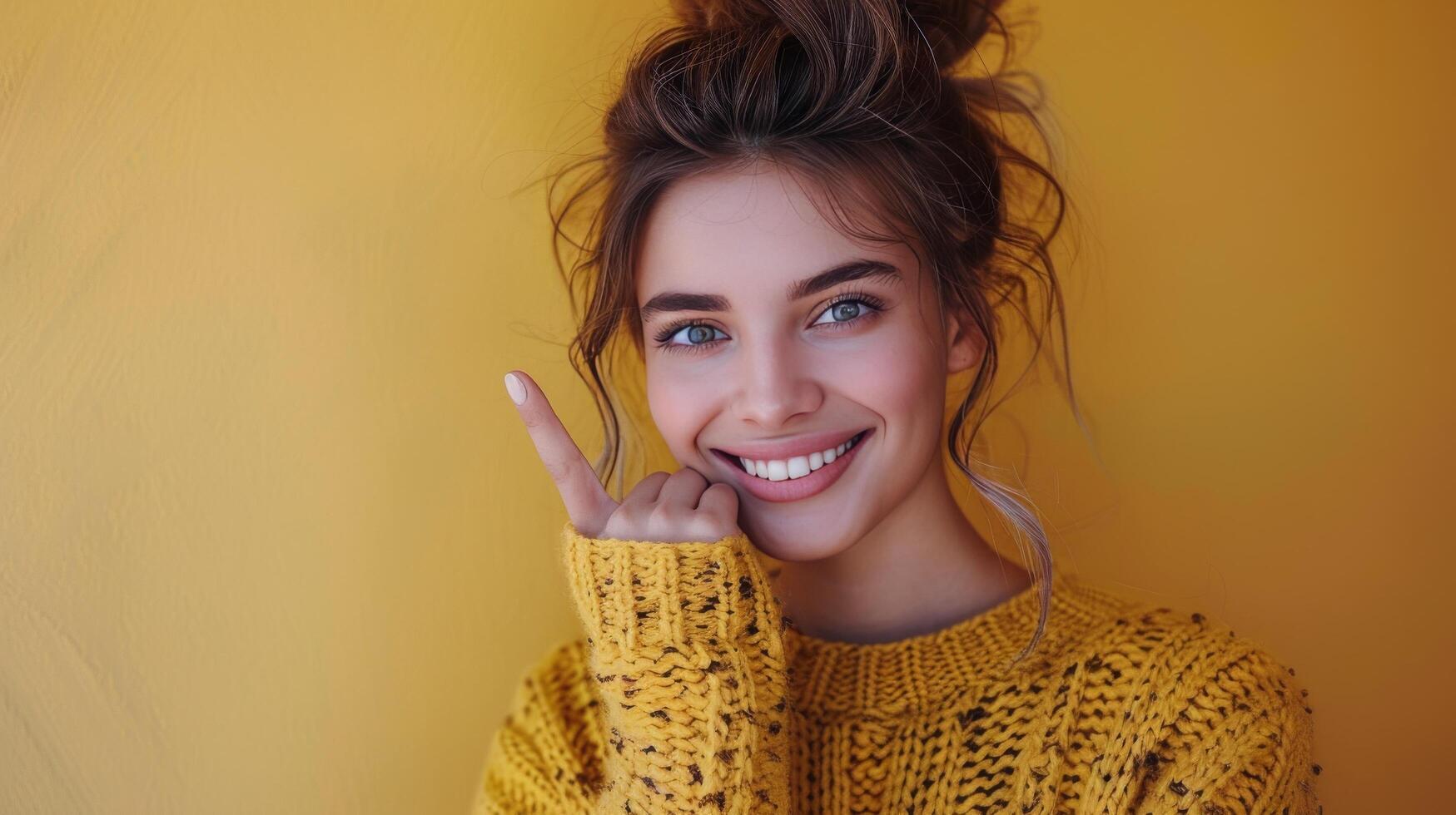 Young Woman Smiling In Yellow Sweater Against Yellow Wall photo