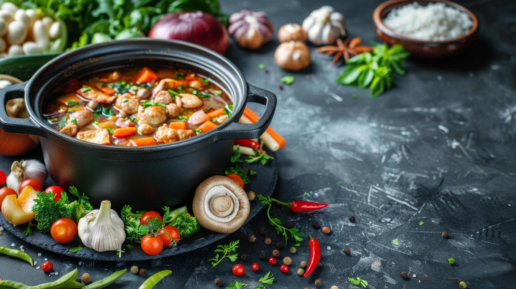 A Bowl of Soup Surrounded by Various Vegetables photo